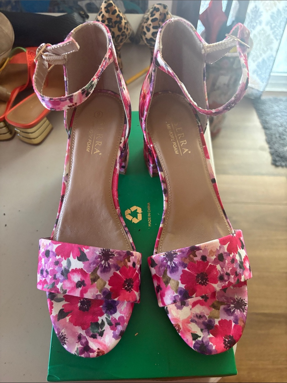 Serra Pink Floral Ankle-Strap Block Heels